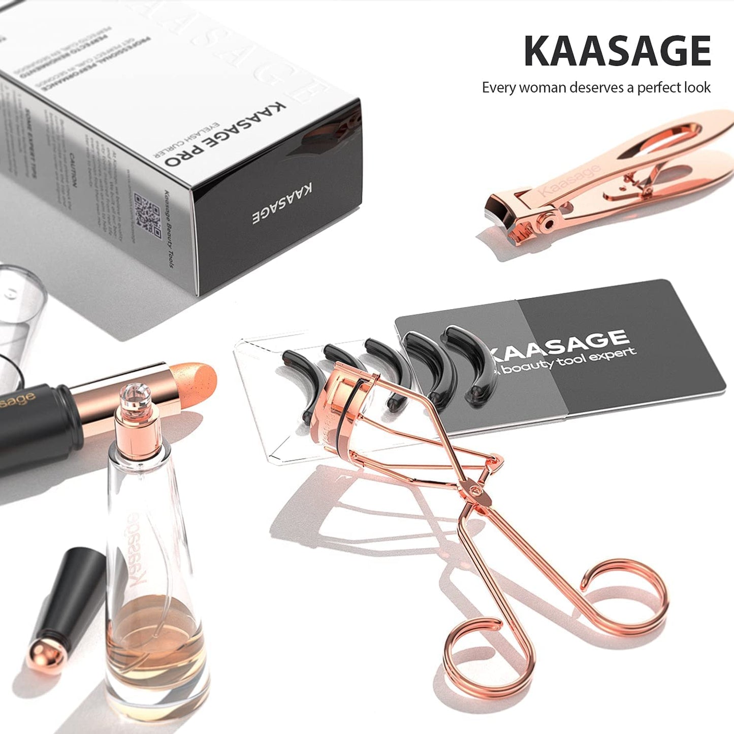 Kaasage Eyelash Curler for Women - Golden Professional Lash Curler with Refill Silicone Pads.